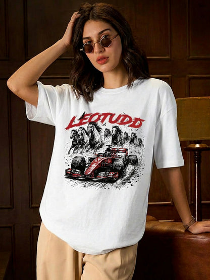Leotude Women "Racing Stallions" White Oversized T-Shirt