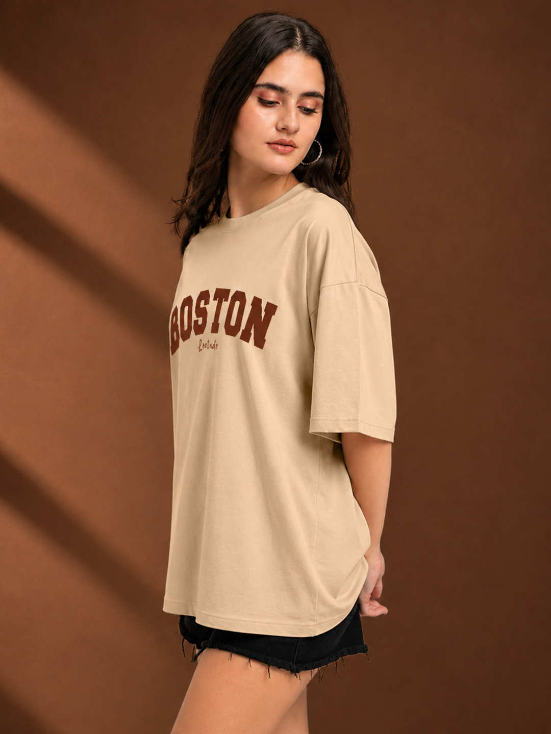 Leotude Beige Boston Printed Oversized Tshirt for Women