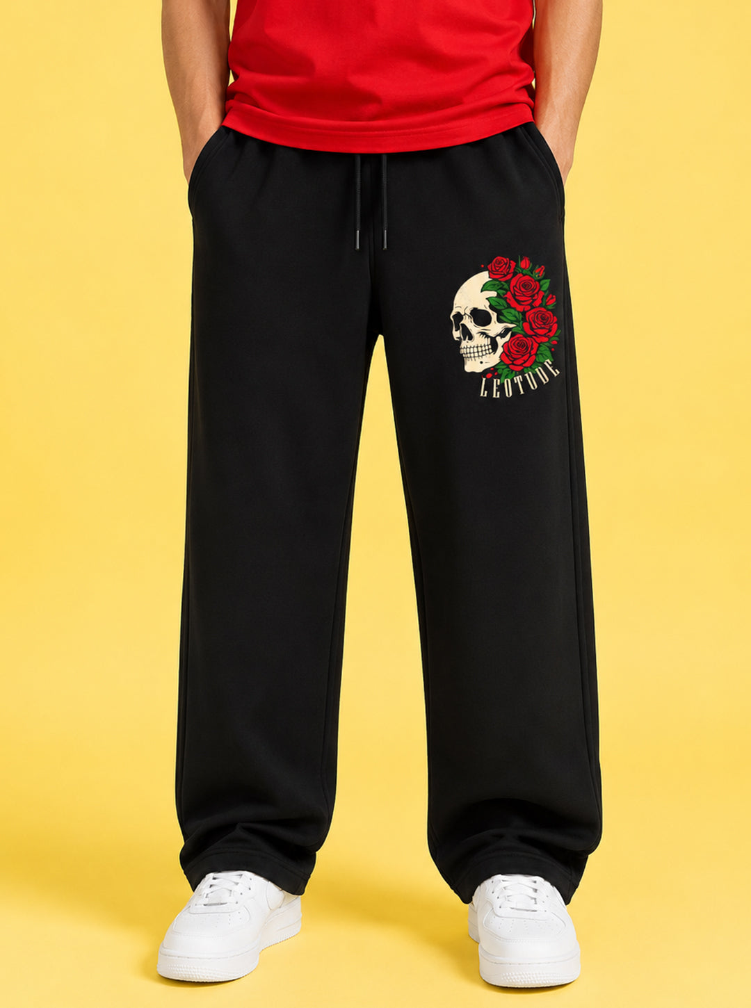 Leotude Men's Black Skull Rose Premium Trackpants