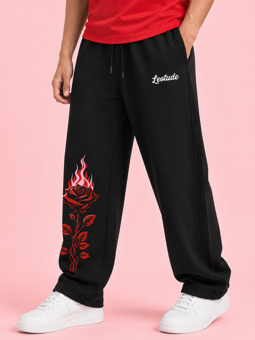 Leotude Men's Black Flame Rose Premium Trackpants