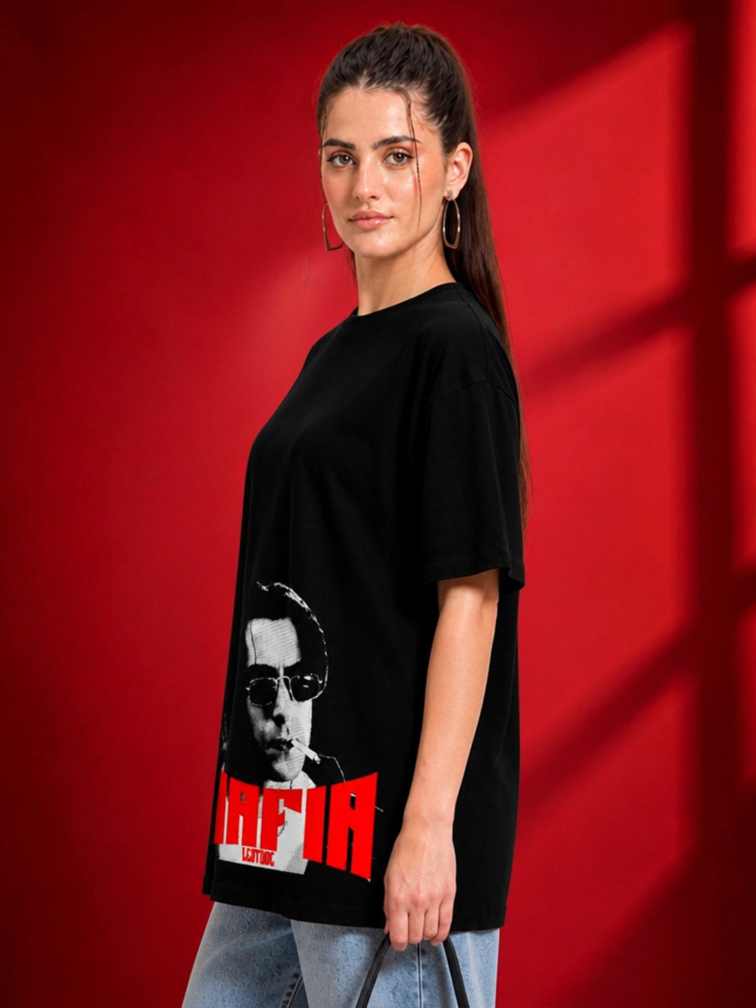 Leotude Black Mafia Printed Oversized Tshirt for Women