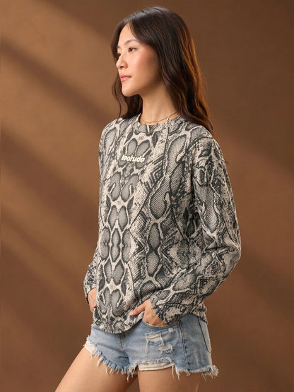 Leotude Women's Grey Snakeskin Print Oversized Full Sleeve T-Shirt
