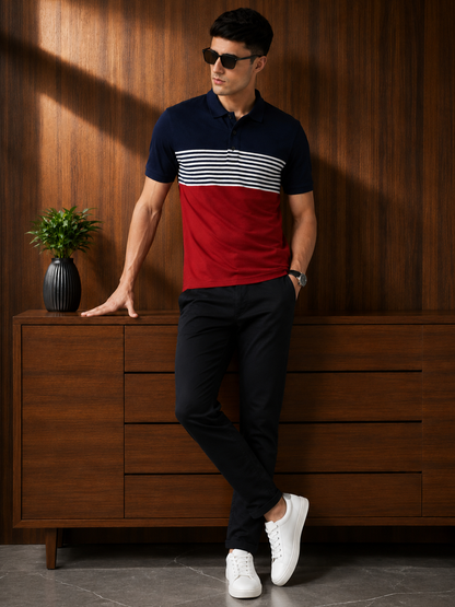 Leotude Men's Navy Striped Panel Colour Block Polo T-Shirt