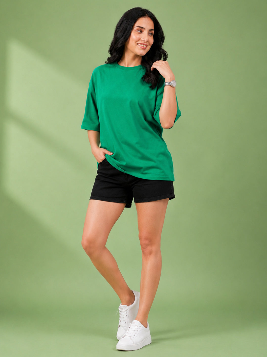 Leotude Oversized Plain T-Shirt — Women's Solid Cotton Drop-Shoulder Tee - Green