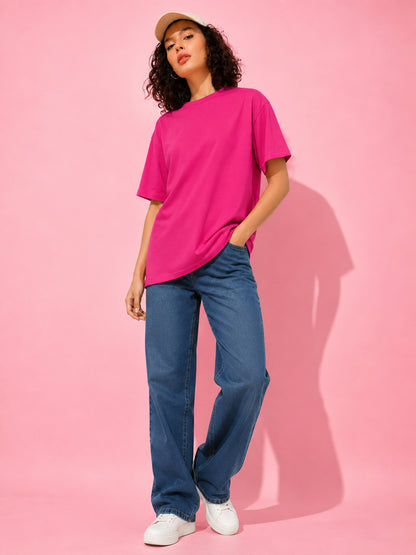 Leotude Oversized Plain T-Shirt — Women's Solid Cotton Drop-Shoulder Tee - Pink