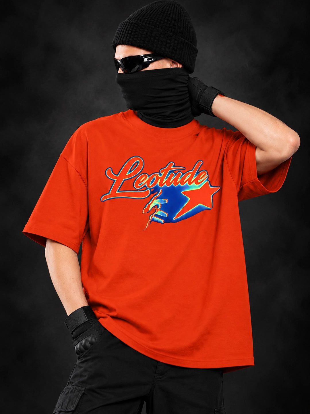 Leotude Men's Orange Signature Logo Elite oversized T-Shirt - drop shoulder fit view