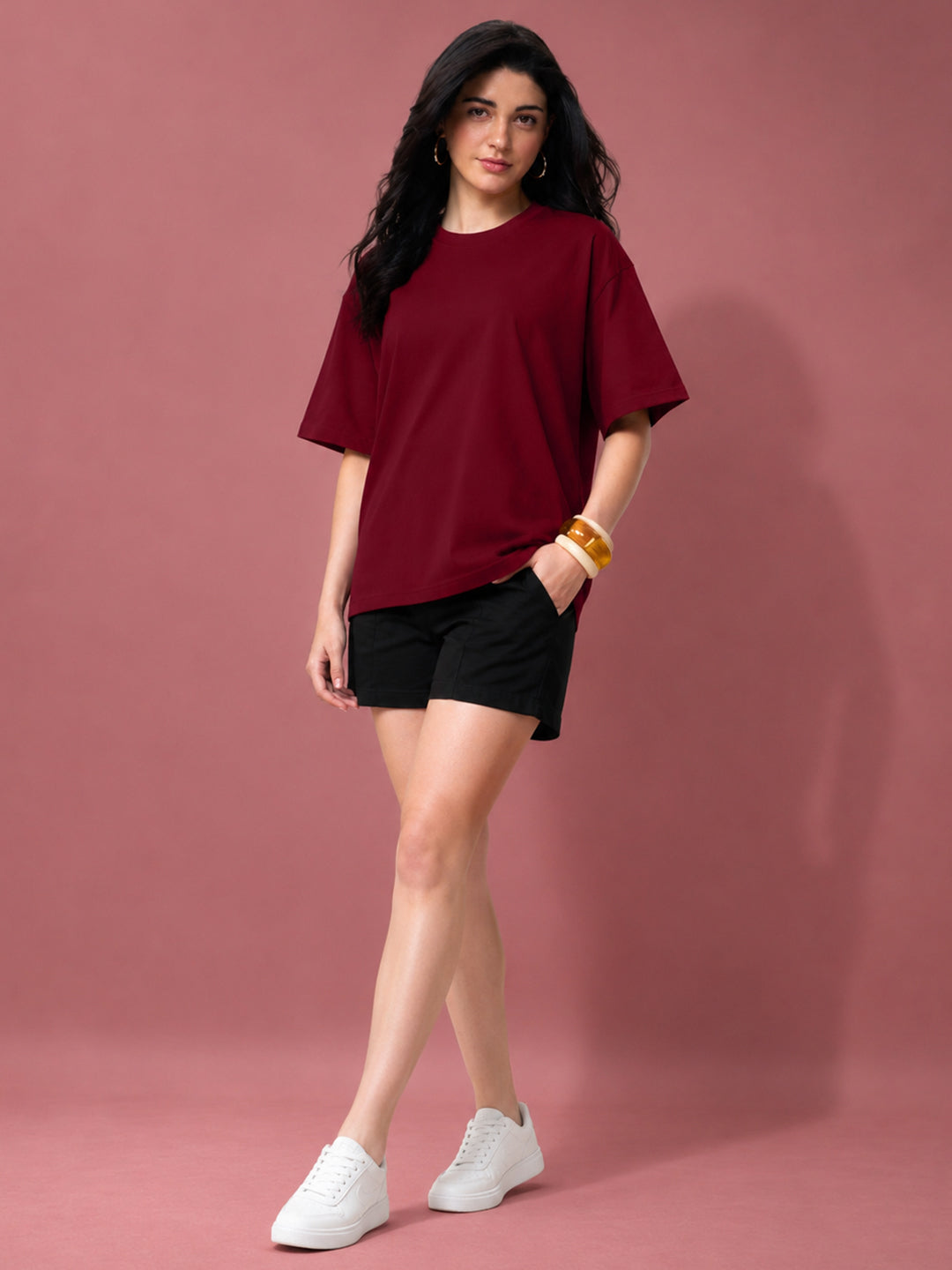 Leotude Oversized Plain T-Shirt — Women's Solid Cotton Drop-Shoulder Tee - Maroon