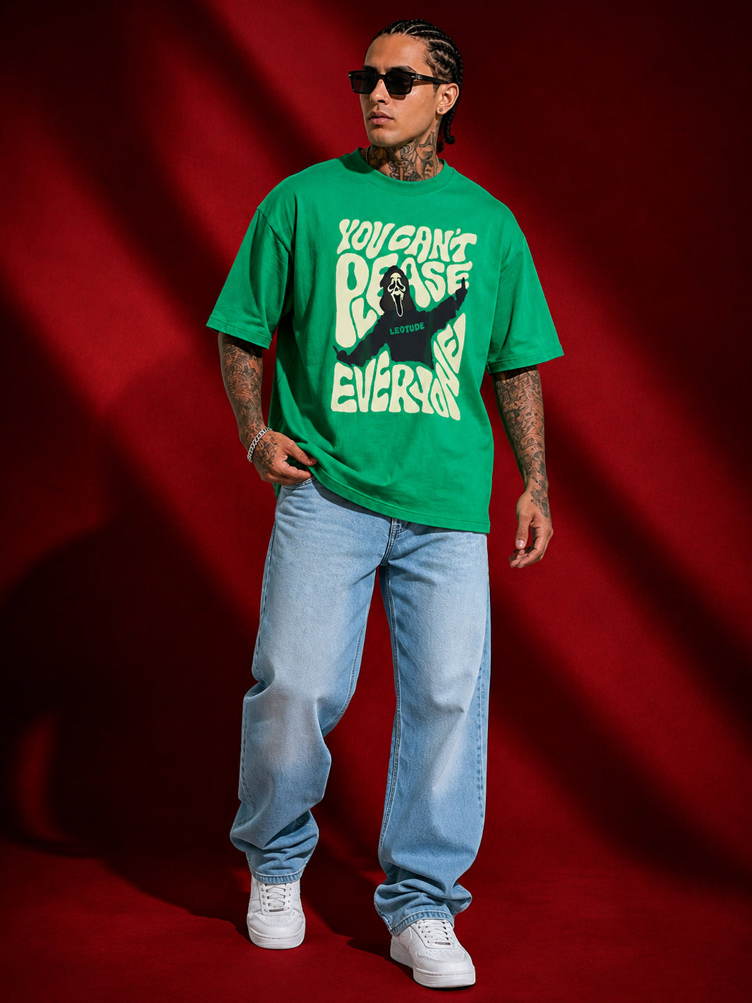 Leotude Men's Ghost Face Graphic Green Oversized T-Shirt