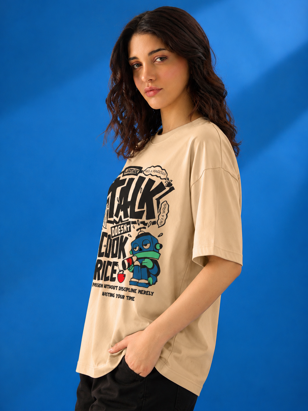 Leotude Beige Talk Printed Oversized Tshirt for Women
