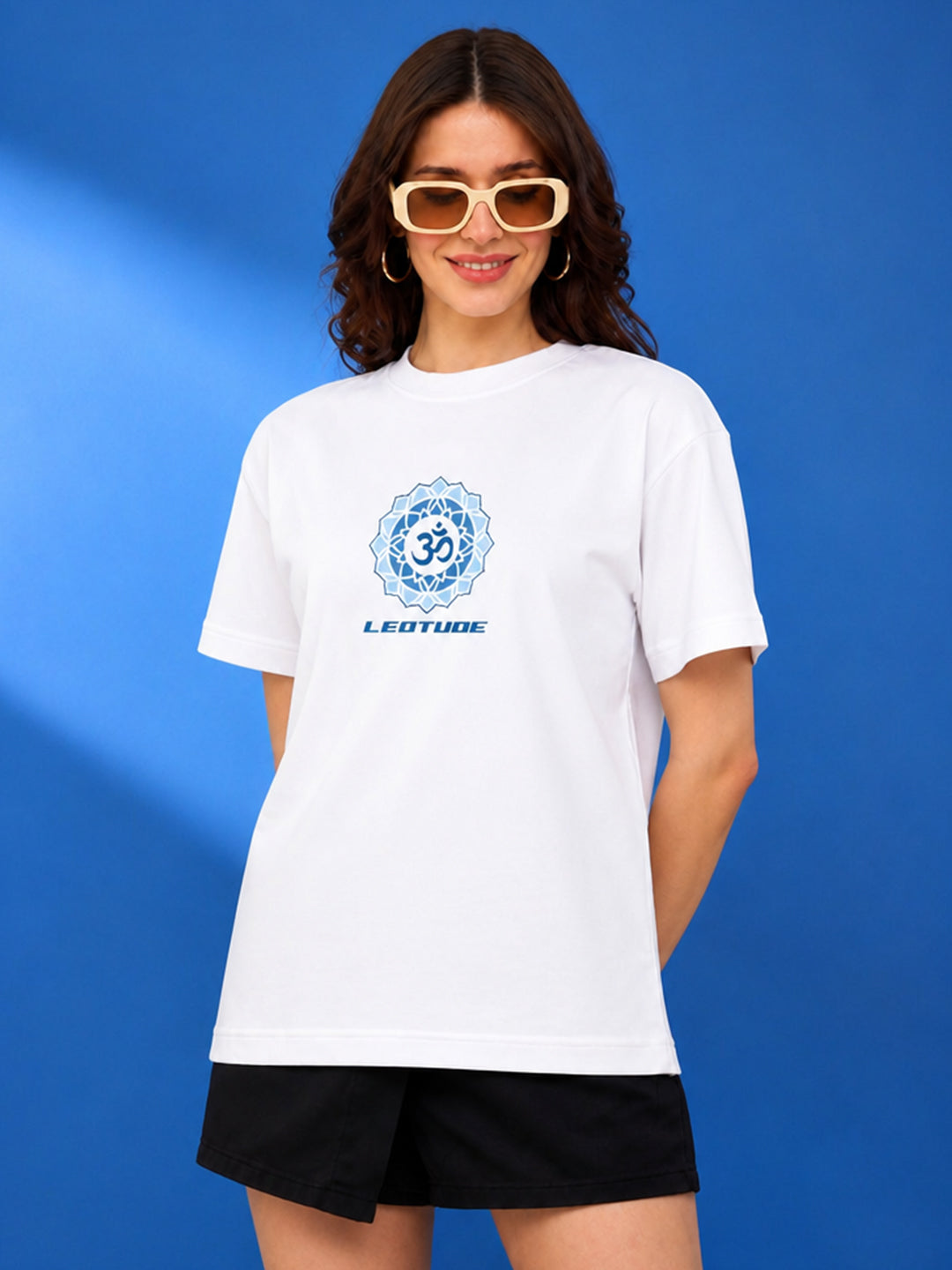 Leotude Women's "Shiv" Trishul Printed T-Shirt — White Oversized Backprint Tee