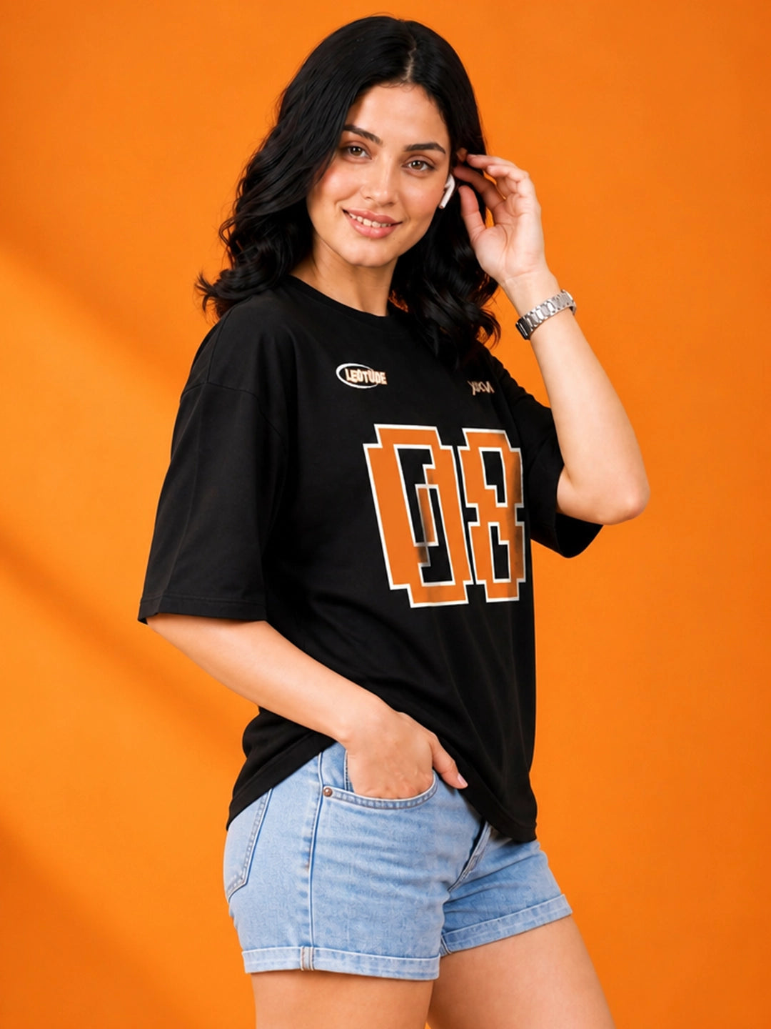Leotude Black 08 Printed Oversized Tshirt for Women