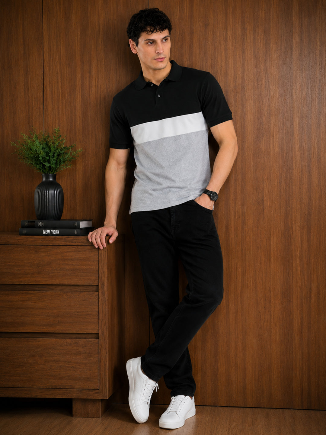 Leotude Men's Black White Grey Colour Block Polo T-Shirt