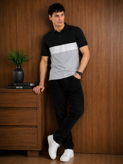 Leotude Men's Black White Grey Colour Block Polo T-Shirt
