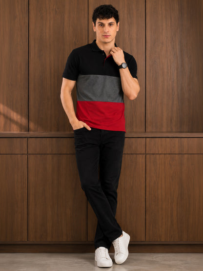 Leotude Men's Black Charcoal Red Colour Block Polo T-Shirt