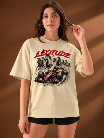 Leotude Women "Racing Stallions" Beige Oversized T-Shirt