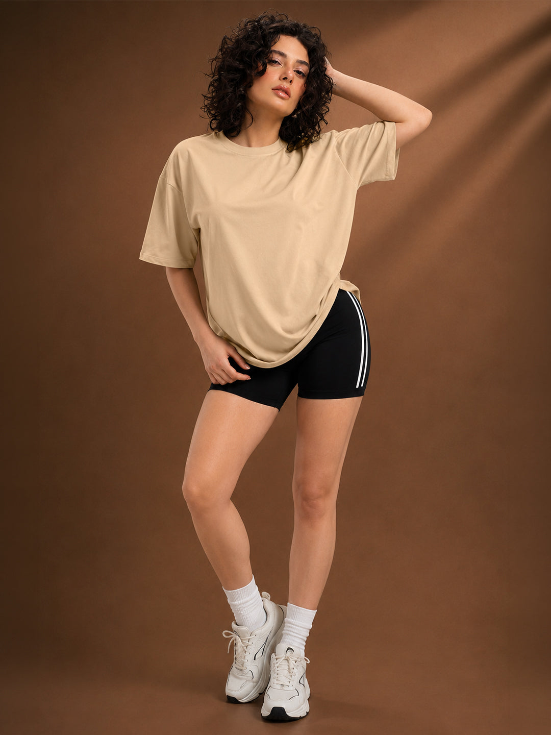 Leotude Oversized Plain T-Shirt — Women's Solid Cotton Drop-Shoulder Tee - Beige