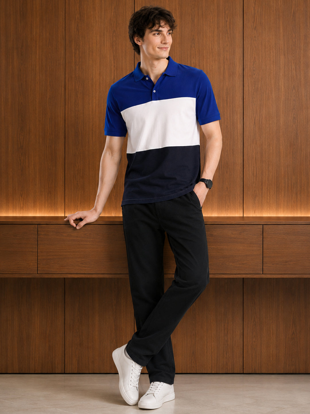 Leotude Men's Royal Blue Colour Block Polo T-Shirt