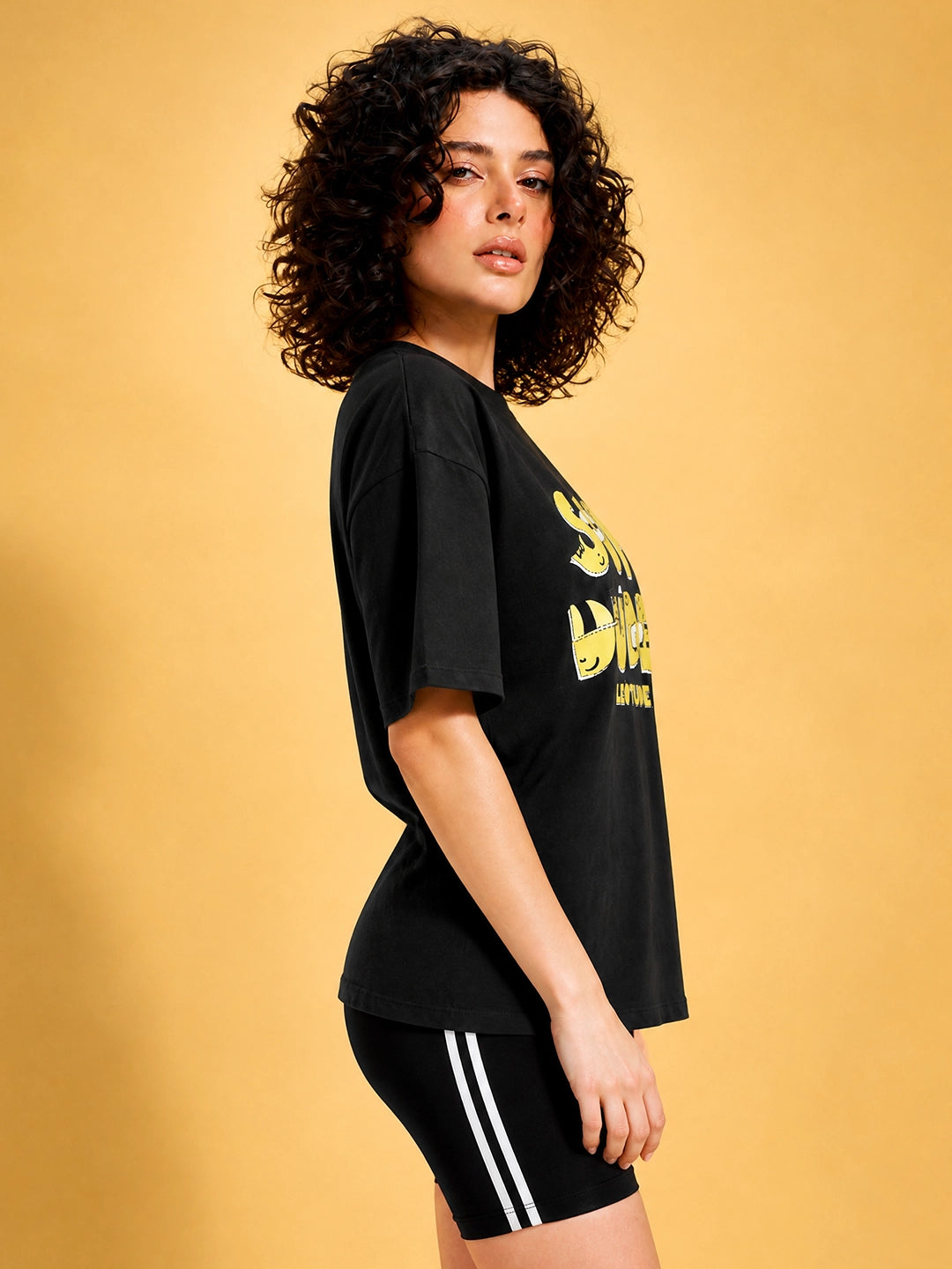 Leotude Black Sup Dude Printed Oversized Tshirt for Women