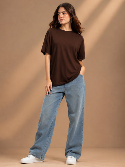 Leotude Oversized Plain T-Shirt — Women's Solid Cotton Drop-Shoulder Tee - Brown
