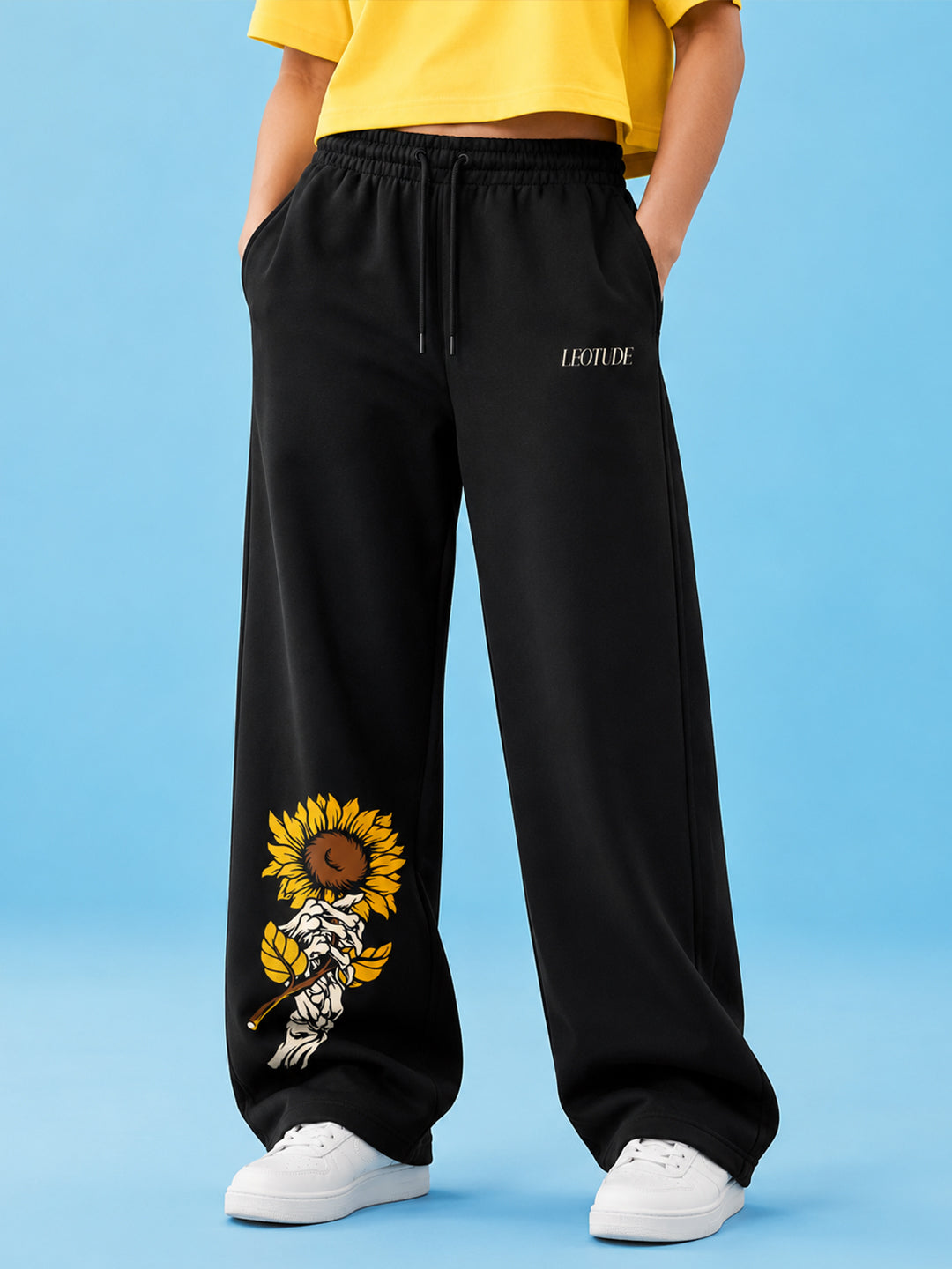 Leotude Women's Black Sunflower Premium Trackpants