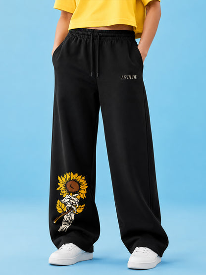 Leotude Women's Black Sunflower Premium Trackpants