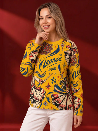 Leotude Women's Yellow Garba Print Oversized Full Sleeve T-Shirt