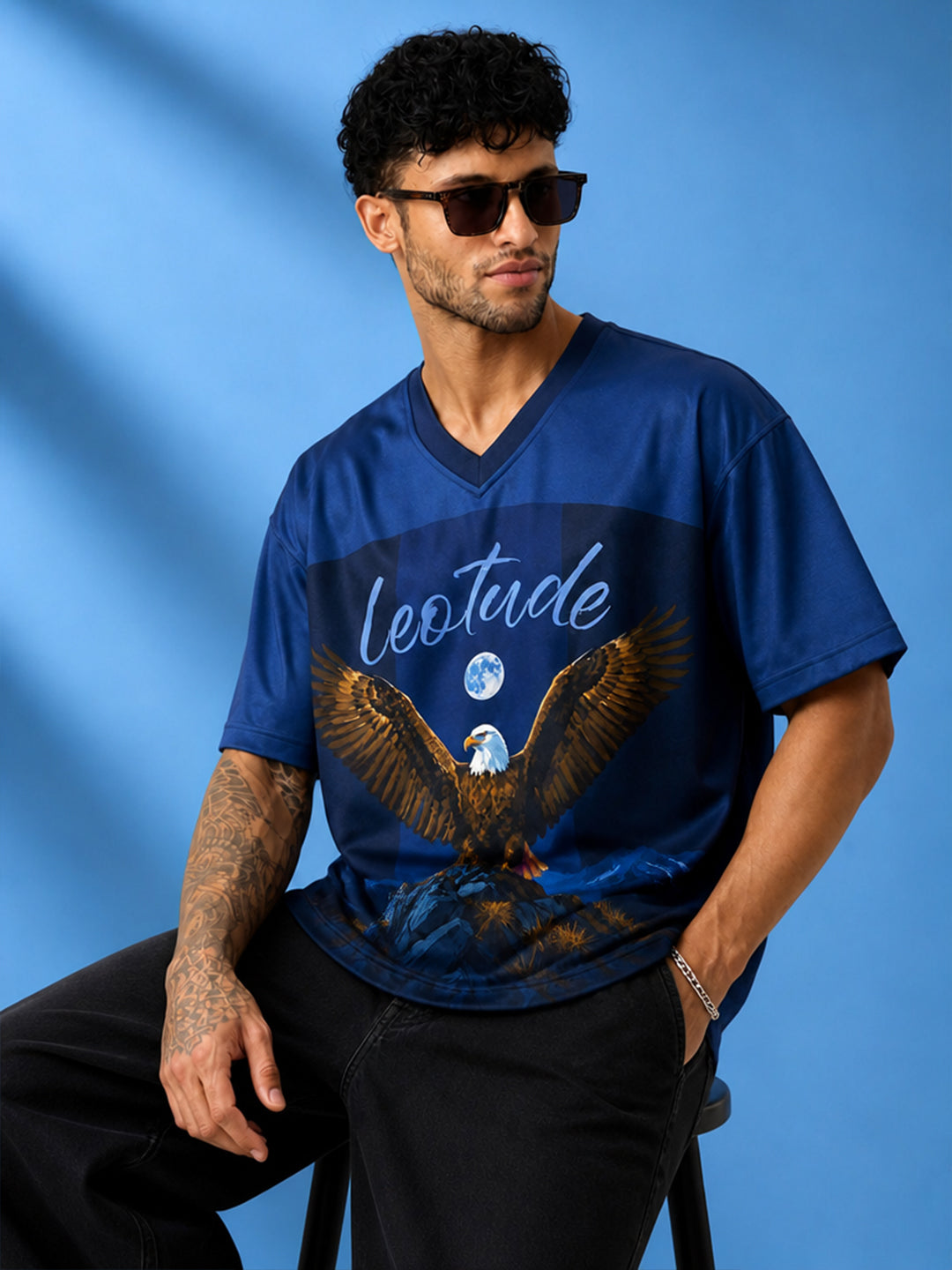 Leotude Men's Navy Eagle Printed T-Shirt