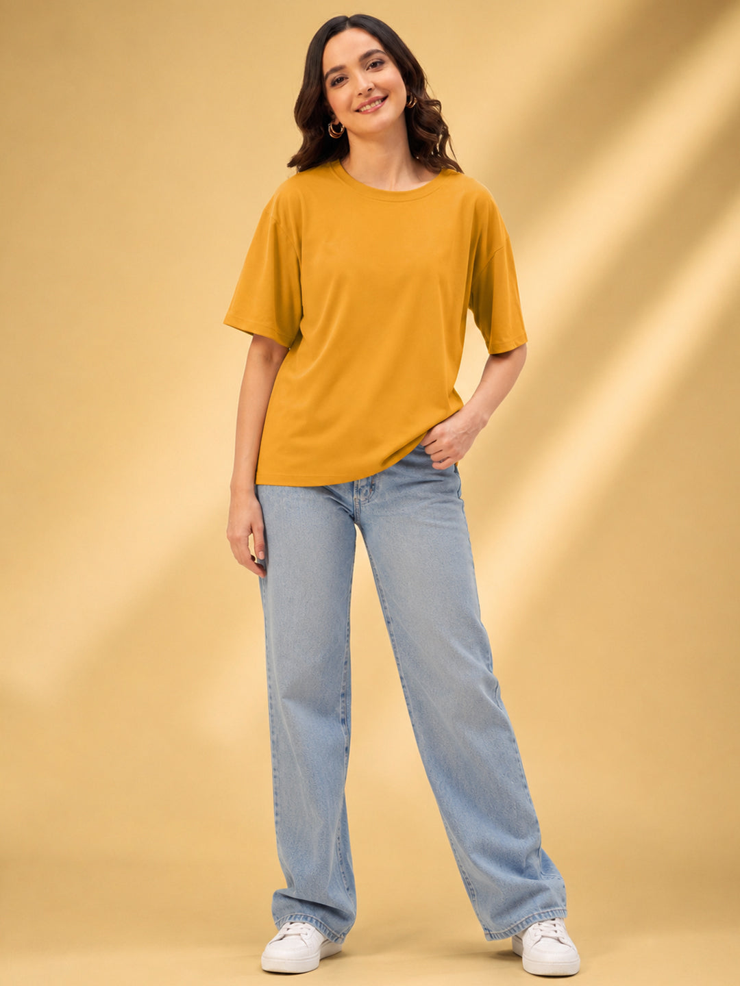 Leotude Oversized Plain T-Shirt — Women's Solid Cotton Drop-Shoulder Tee - Mustard