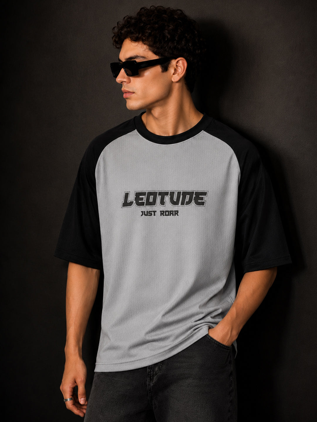 Leotude Men's Grey Just Roar Raglan Oversized T-Shirt