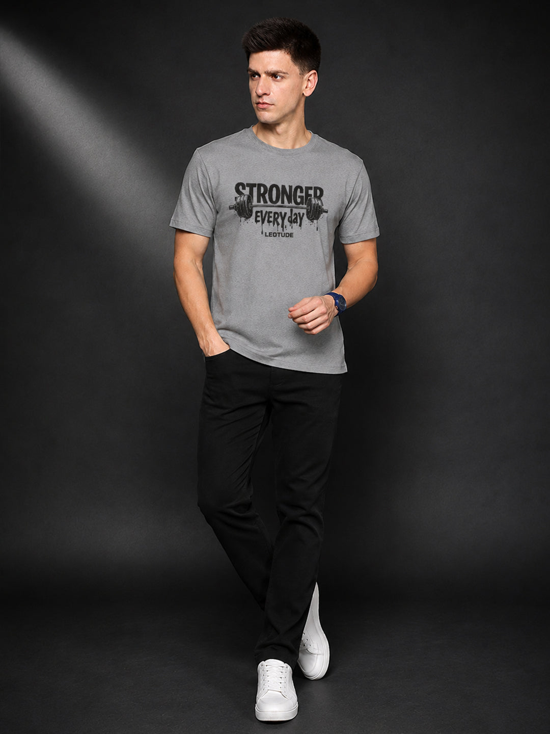 Leotude Men's "Stronger Every Day" Printed T-Shirt — Grey Gym Tee