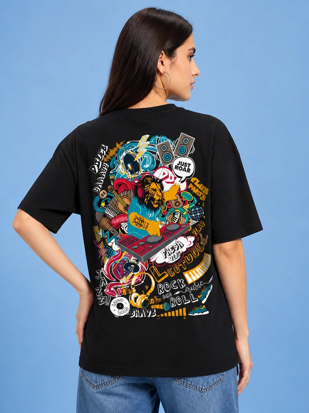 Leotude Black DJ Leo Printed Oversized Tshirt for Women