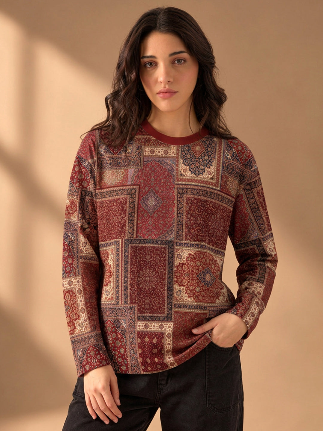Leotude Women's Maroon Persian Patchwork Print Oversized Full Sleeve T-Shirt