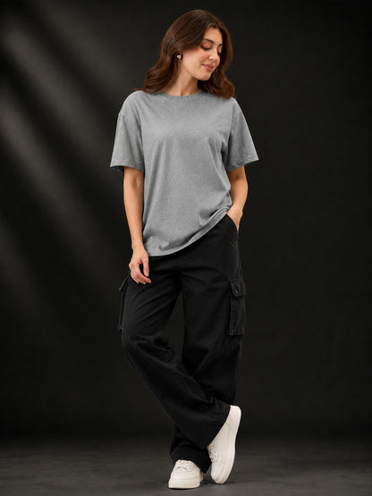 Leotude Oversized Plain T-Shirt — Women's Solid Cotton Drop-Shoulder Tee - Gray