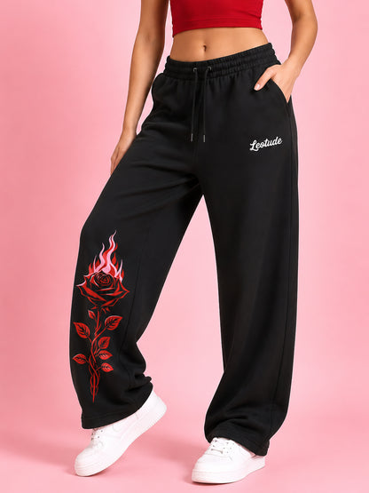 Leotude Women's Black Flame Rose Premium Trackpants
