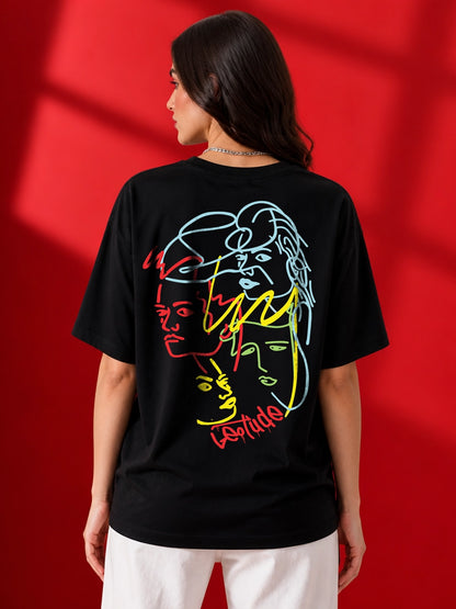 Leotude Black Abstract Faces Printed Oversized Tshirt for Women