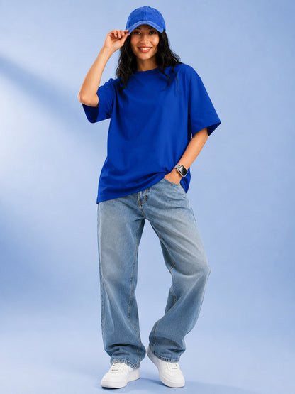 Leotude Oversized Plain T-Shirt — Women's Solid Cotton Drop-Shoulder Tee - Blue
