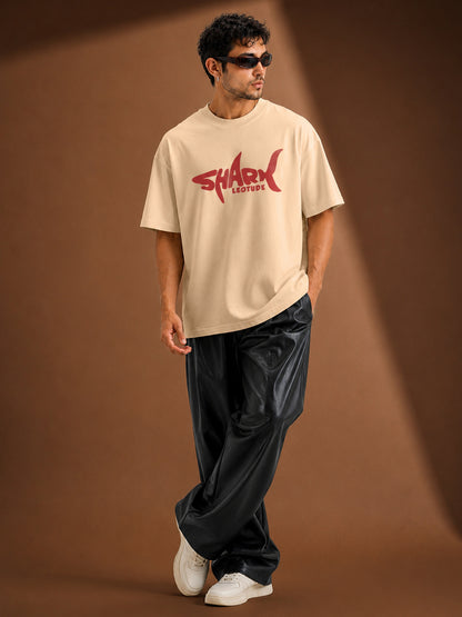 Leotude Men's "Shark" Printed Oversized T-Shirt — Beige Streetwear Tee