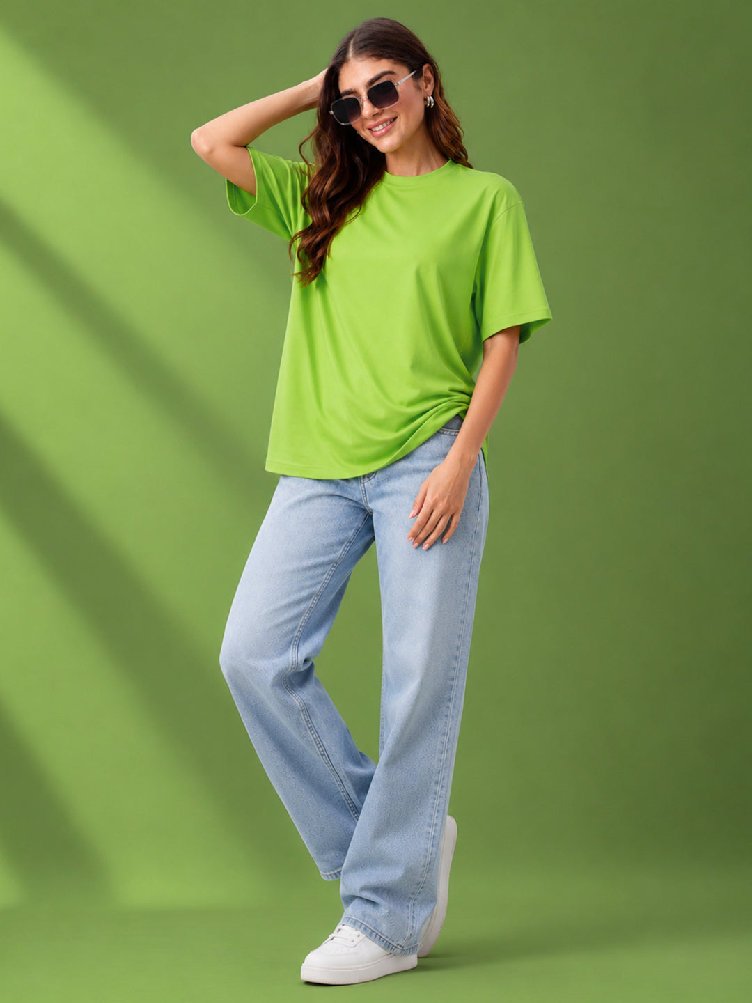 Leotude Oversized Plain T-Shirt — Women's Solid Cotton Drop-Shoulder Tee - Neon