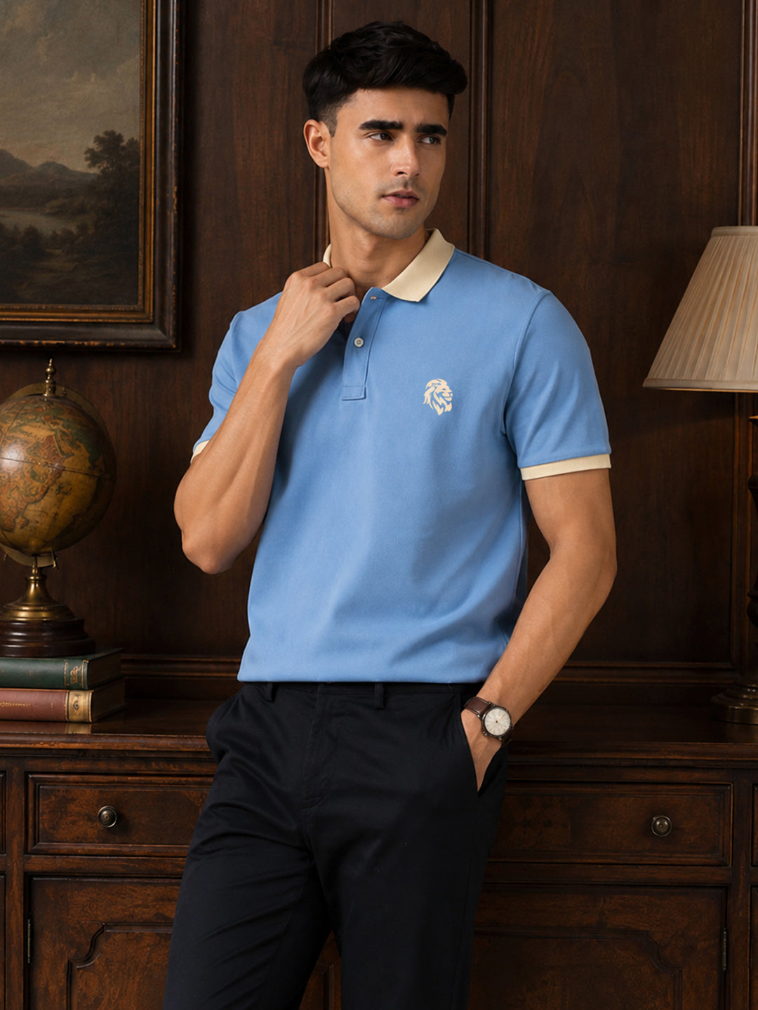Leotude Men's Sky Blue Contrast Collar Polo T-Shirt