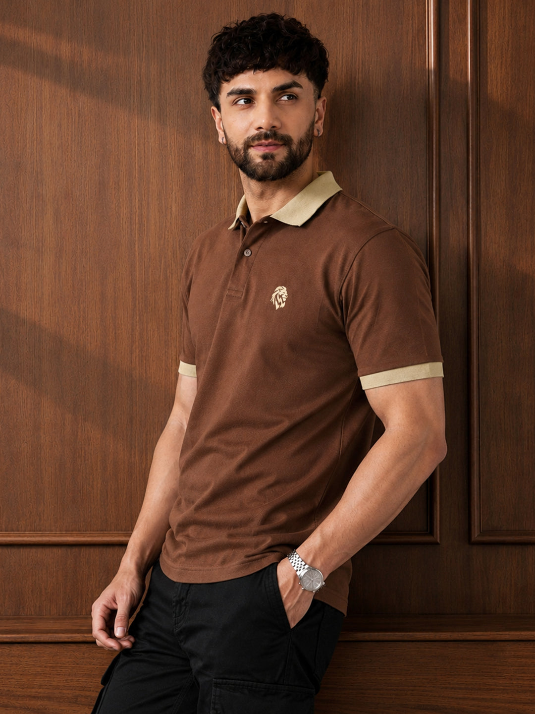 Leotude Men's Brown Contrast Collar Polo T-Shirt