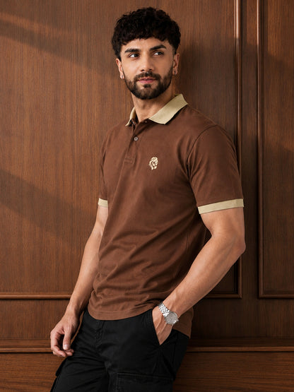 Leotude Men's Brown Contrast Collar Polo T-Shirt