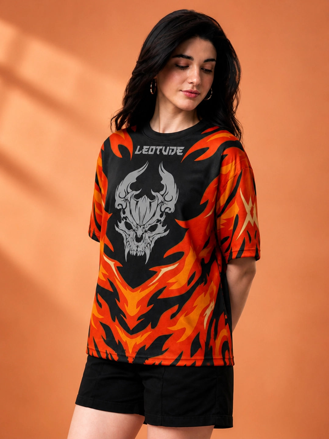 Leotude Women's Black Flame Demon Printed T-Shirt