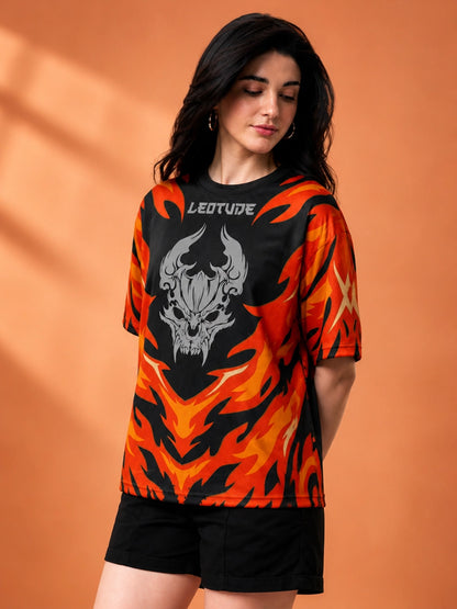 Leotude Women's Black Flame Demon Printed T-Shirt