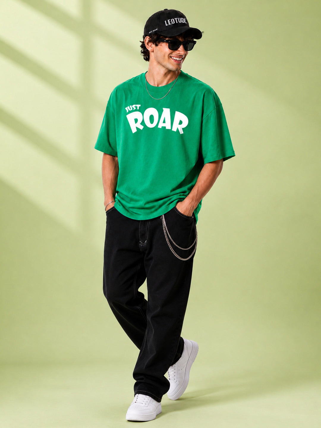 Leotude Men "Just Roar" Green Oversized T-Shirt