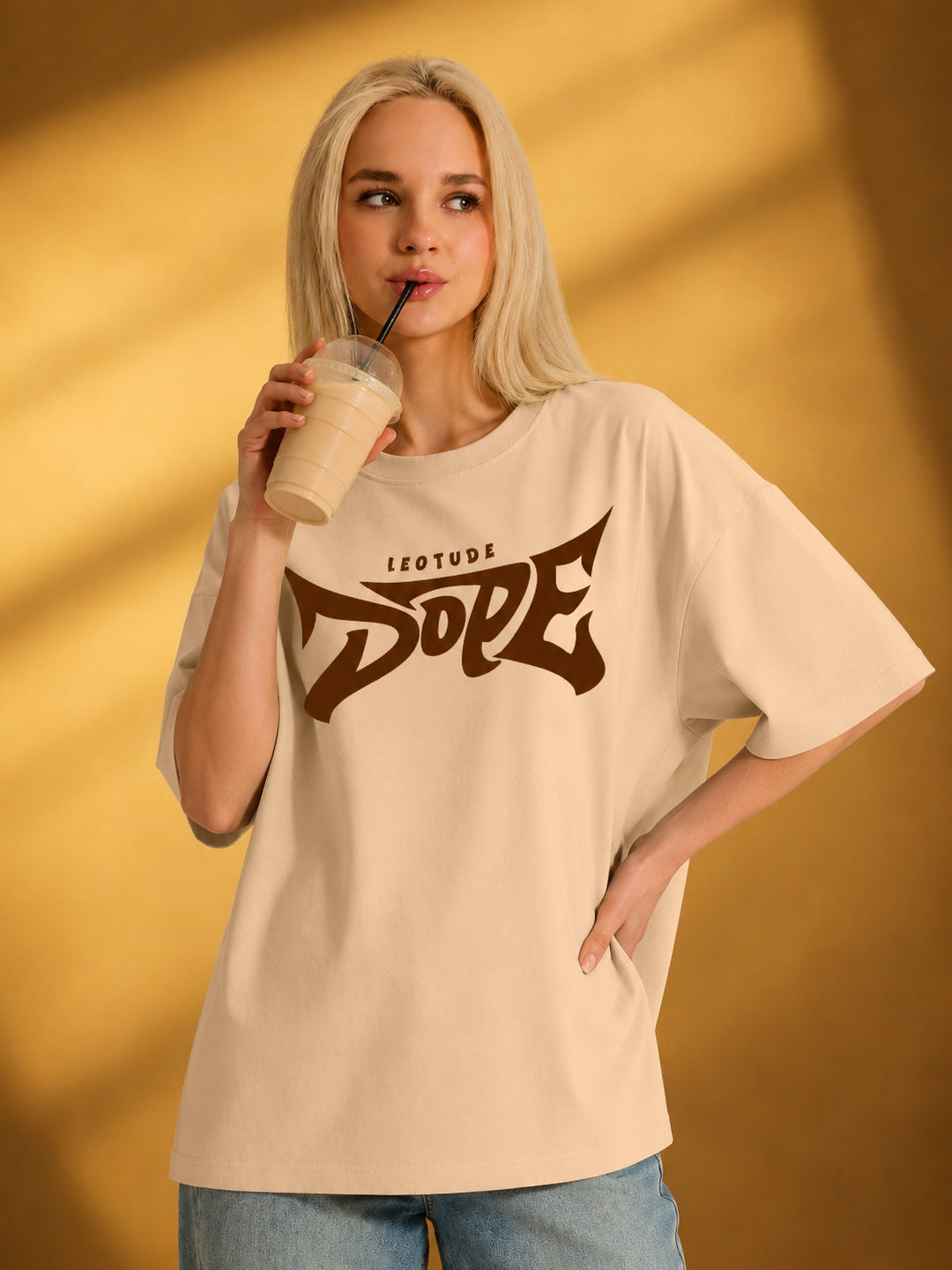 Leotude Beige Dope Printed Oversized Tshirt for Women