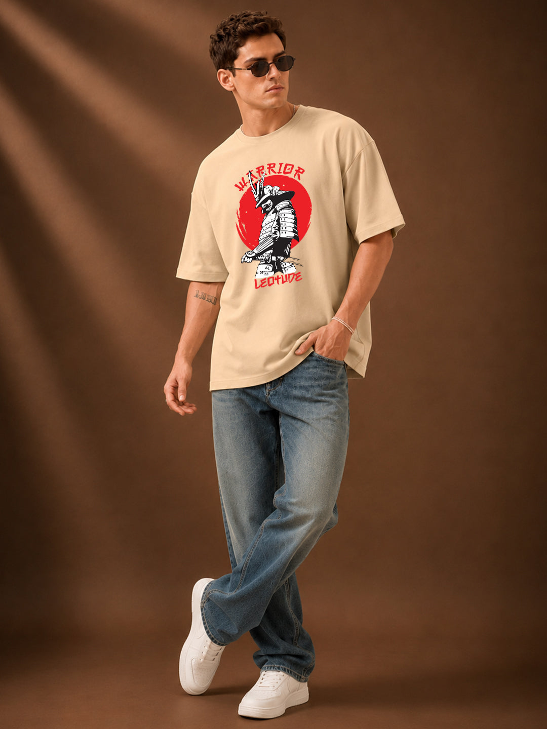 Leotude Men's "Warrior" Samurai Print Oversized T-Shirt — Beige Streetwear Tee