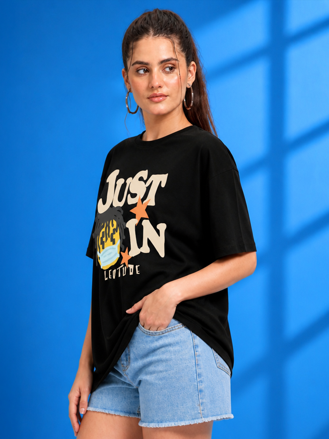 Leotude Black Just In Printed Oversized Tshirt for Women