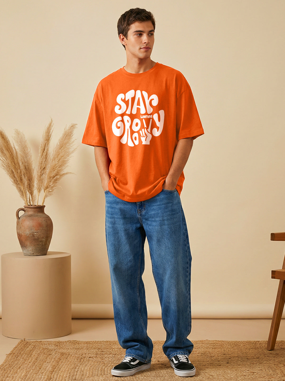 Leotude Orange Stay Groovy Printed Oversized Tshirt for Men