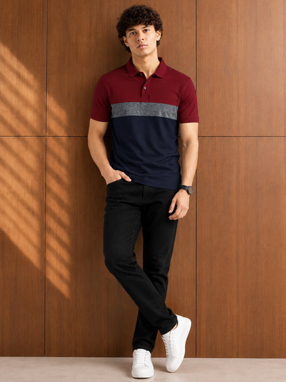 Leotude Men's Maroon Colour Block Polo T-Shirt