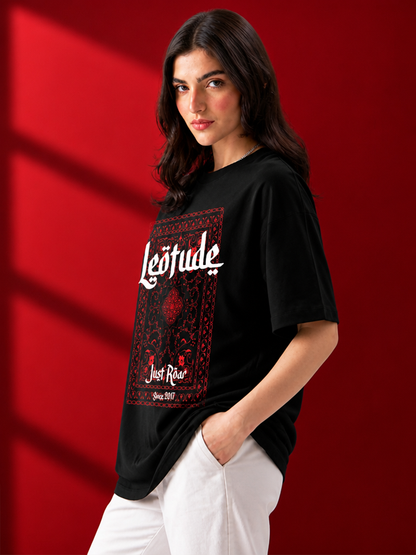 Leotude Black Arabic Printed Oversized Tshirt for Women